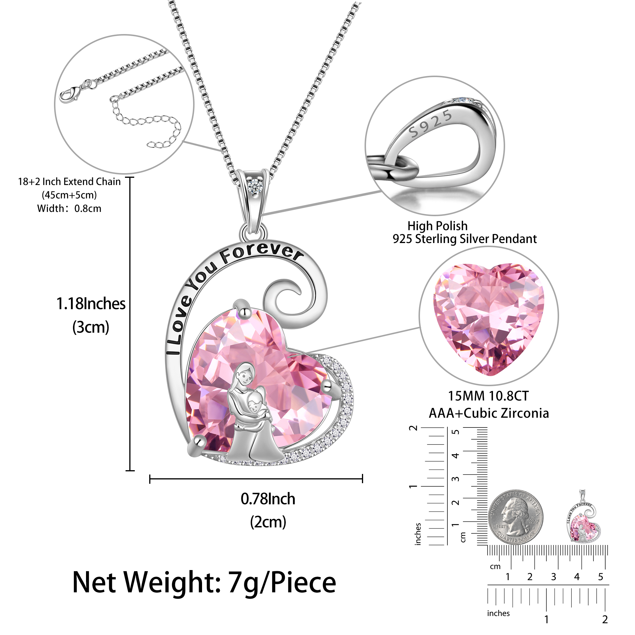 Juwaliy Pink Tourmaline Mother Daughter Heart Necklace, 925 Silver photo 6