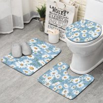 Lightblue Daisy Flower Green Leaves Pattern Bathroom Rugs Sets 3 Piece,Toilet Cover Set,Absorbent Non Slip Bathroom Mats Sets with U-Shaped Contour Rug Toilet Rug Set