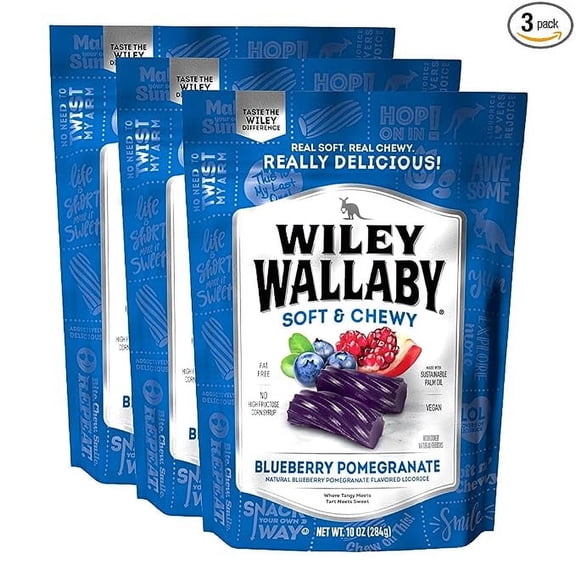 Wiley Wallaby Licorice 10 Ounce Classic Gourmet Soft & Chewy Australian Blueberry Pomegranate Candy Twists, 3 Pack