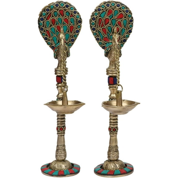 brass with stone work peacock diya set of 2 for home décor/ gift item