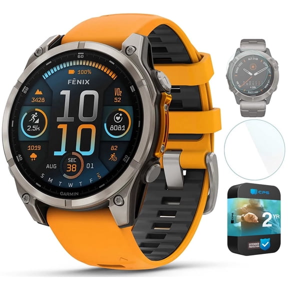 Garmin fenix 8 47mm AMOLED Sapphire Multisport GPS Smartwatch, Titanium with Spark Orange Silicone Band, 010-02904-10 - Bundle w/Deco Essentials 26-Month CPS Plan