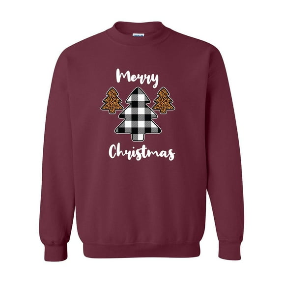 Merry Christmas Buffalo Plaid Leopard Print Trees Unisex Adult Long Sleeve Crewneck Sweatshirt-Maroon-xxxl