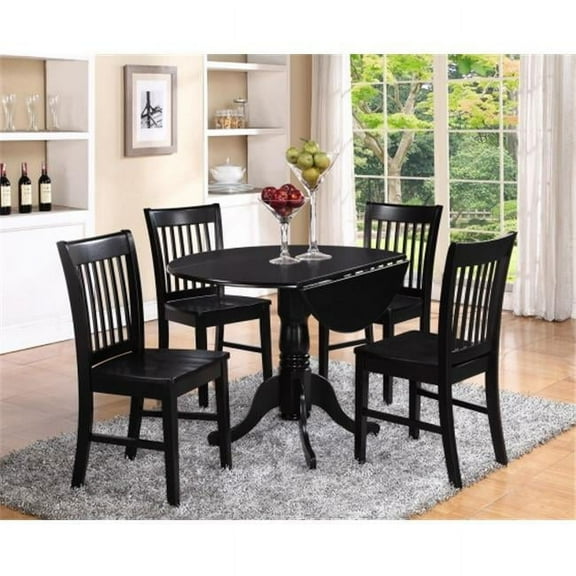 East West Furniture DLNO5-BLK-W 5PC Kitchen Round Table with 2 Drop Leaves and 4 slatted -back Chairs with wood Seat