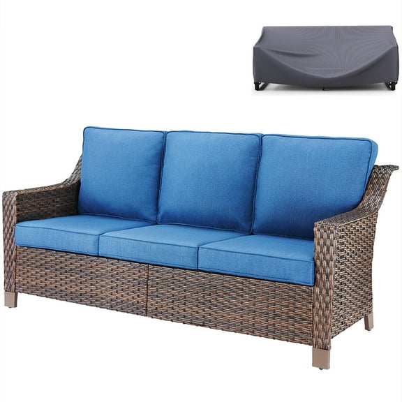Bellefurn Patio 3 Seater Outdoor Sofa Outdoor Couch with Waterproof Sofa Cover,High Back Rattan Deep Seat Sofa for Outdoor,Lawn,Backyard