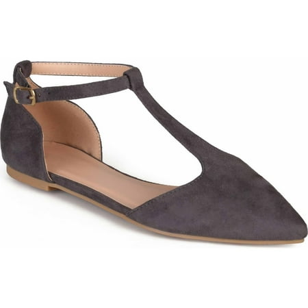 - Women's T-strap Pointed Toe Faux Suede Flats