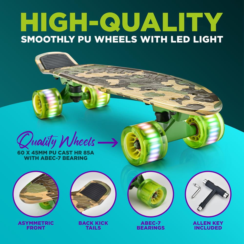 Hurtle Standard Skateboard Mini Cruiser - 6'' PP Deck Complete Double Kick Skate Board w/ 3.25" Aluminum Alloy Truck, PU Wheels w/LED Light - for Kids, Teens, Adults (Camo) with  6.3 weight