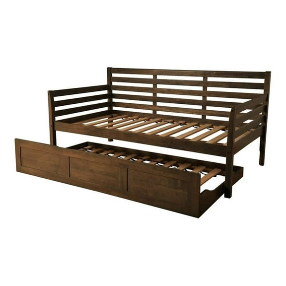 Pemberly Row Twin Size Traditional Solid Wood Daybed with Trundle in Walnut-Mattress Not Included