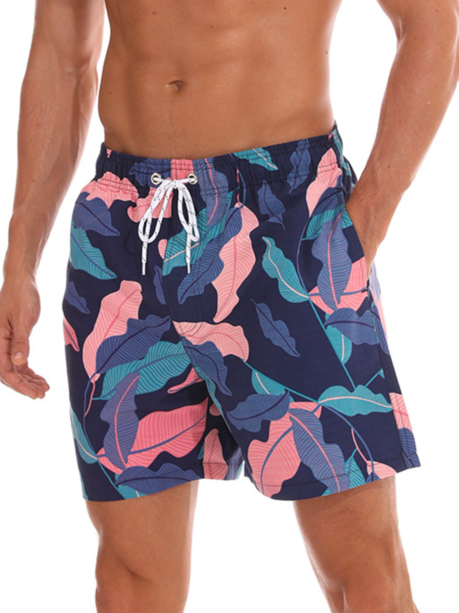 Mens Casual Swim Trunks Polyester Birds and Flowers Pattern Beachwear with Pockets