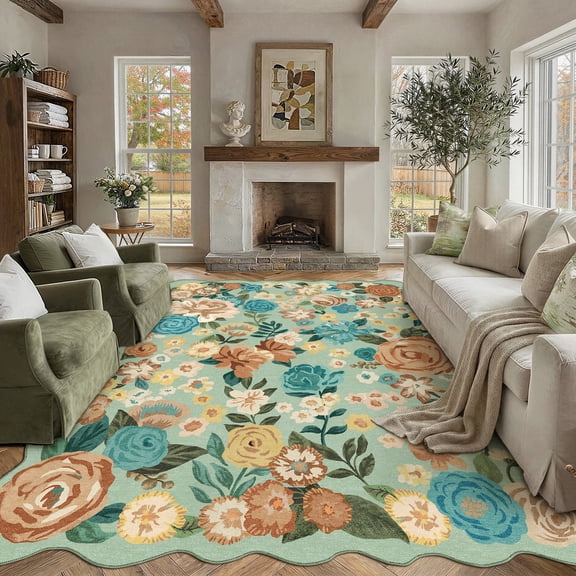 BERTHMEER Large 8'x10' Area Rugs for Living Room Green Floral Rugs for Bedroom Playroom Office Vintage Carpets Machine Washable Farmhouse Dining Room Oriental Flower Non Slip Rugs, Multicolor