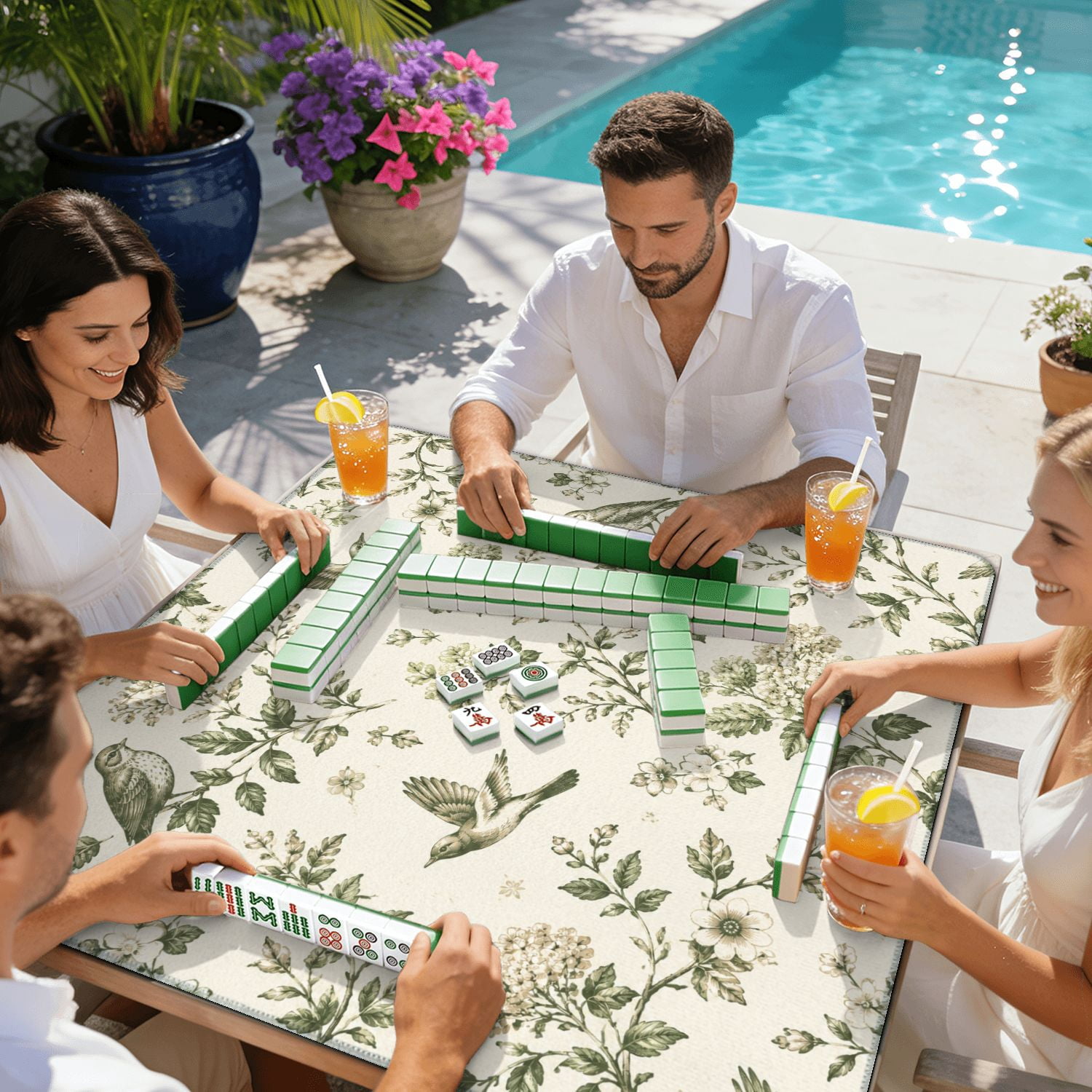 Mahjong Mat 31.5" x 31.5" Vintage Botanical Birds Flowers Green Monochrome Non-Slip Noise Reduction American Mahjong Tiles Table Cover for Dominoes Poker Card Board Games Gift