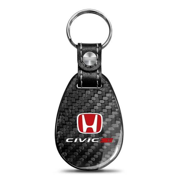 iPick Image for Honda Red Logo Civic Si Real Black Carbon Fiber with Leather Strap Large Tear Drop Key Chain, Official Licensed