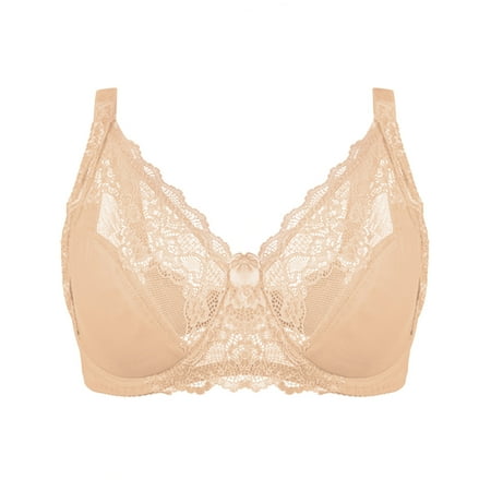 Sports Bra Women Solid Lace Lingerie Bras Plus Size Underwear Bralette Bras Comfortable Bra V-Neck Seamless Bra Feature Hook and Eye Closure Push-up Bra Style Y-161   Beige 3XL