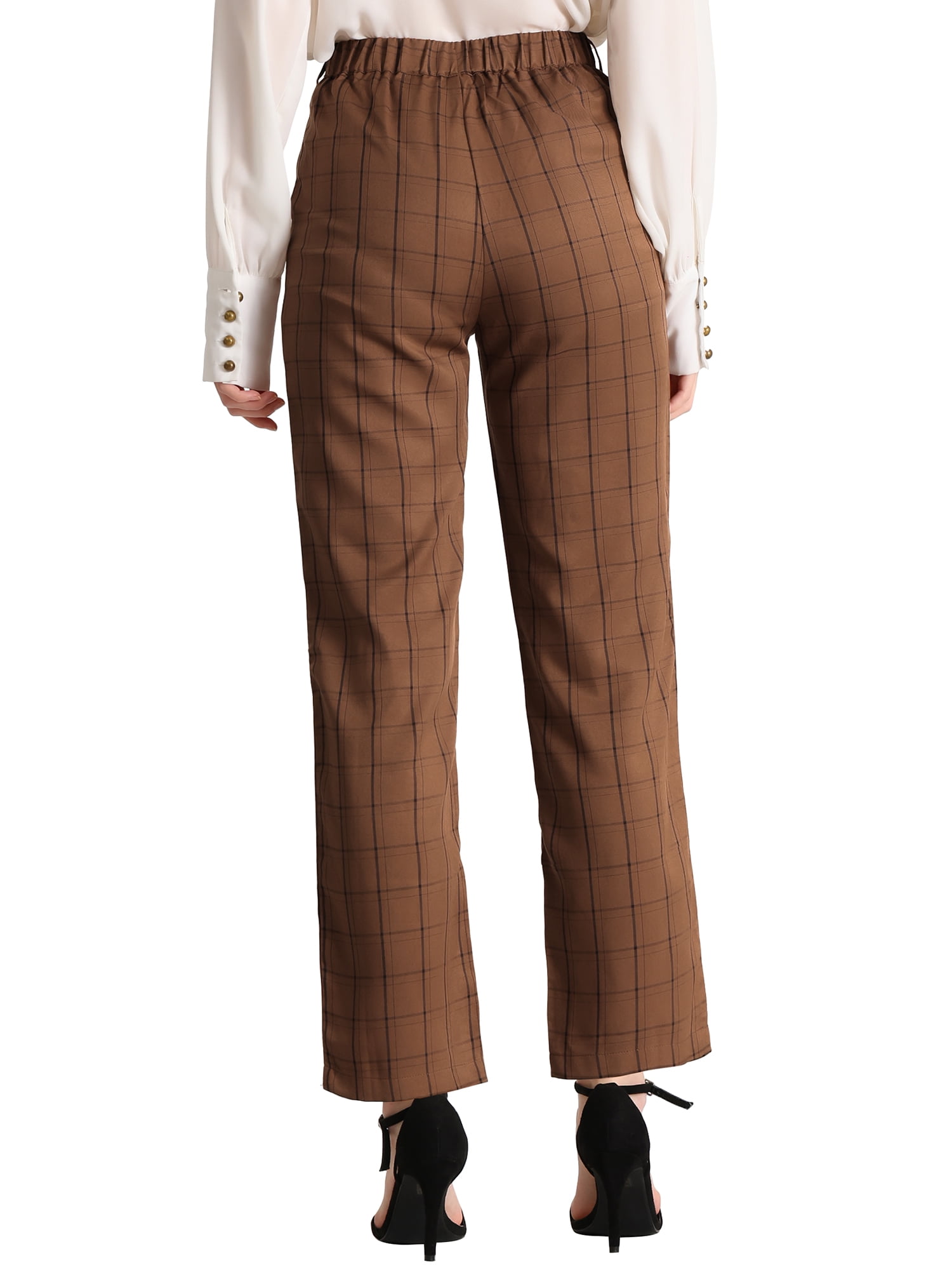 DARING DIVA Women's Plaid Trousers Pockets Straight Leg Casual Pant M Dark Brown black