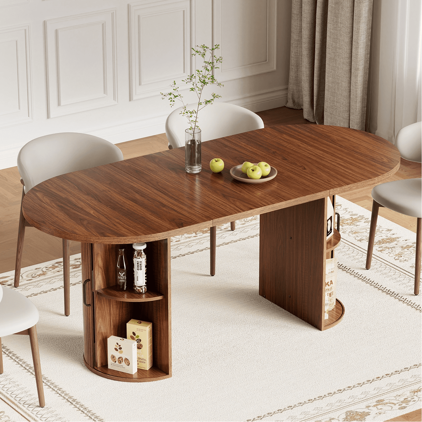 Hommpa 71" Dining Table for 6,Modern Oval Kitchen Table With Storage Cabinet,Long Dining Room Tables With Wood Strip Base for Kitchen Dining Room Living Room,Walnut