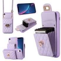 Wallet Case Designed for iPhone XR, with 6 Card Holder Slots RFID Blocking Shoulder Wallet Case Crossbody Strap Shockproof Leather Kickstand Phone Case For iPhone XR, Purple