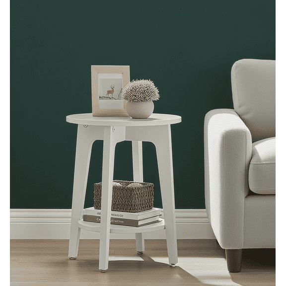 LEDREM Compact Two-Tier Round Accent Table, Tapered-Leg Side Table with Curved Accents, Holds 198lb, Quick Assembly, Space-Saving Small Sofa Table