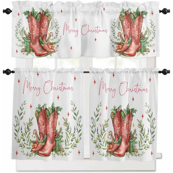 Christmas Western Kitchen Curtains and Valances Set, Rod Pocket Curtains Tier Farmhouse Window Curtains 36 Inch Length, Farmhouse Cowboy Boots Star Leaves 3 Piece Kitchen Curtains Set