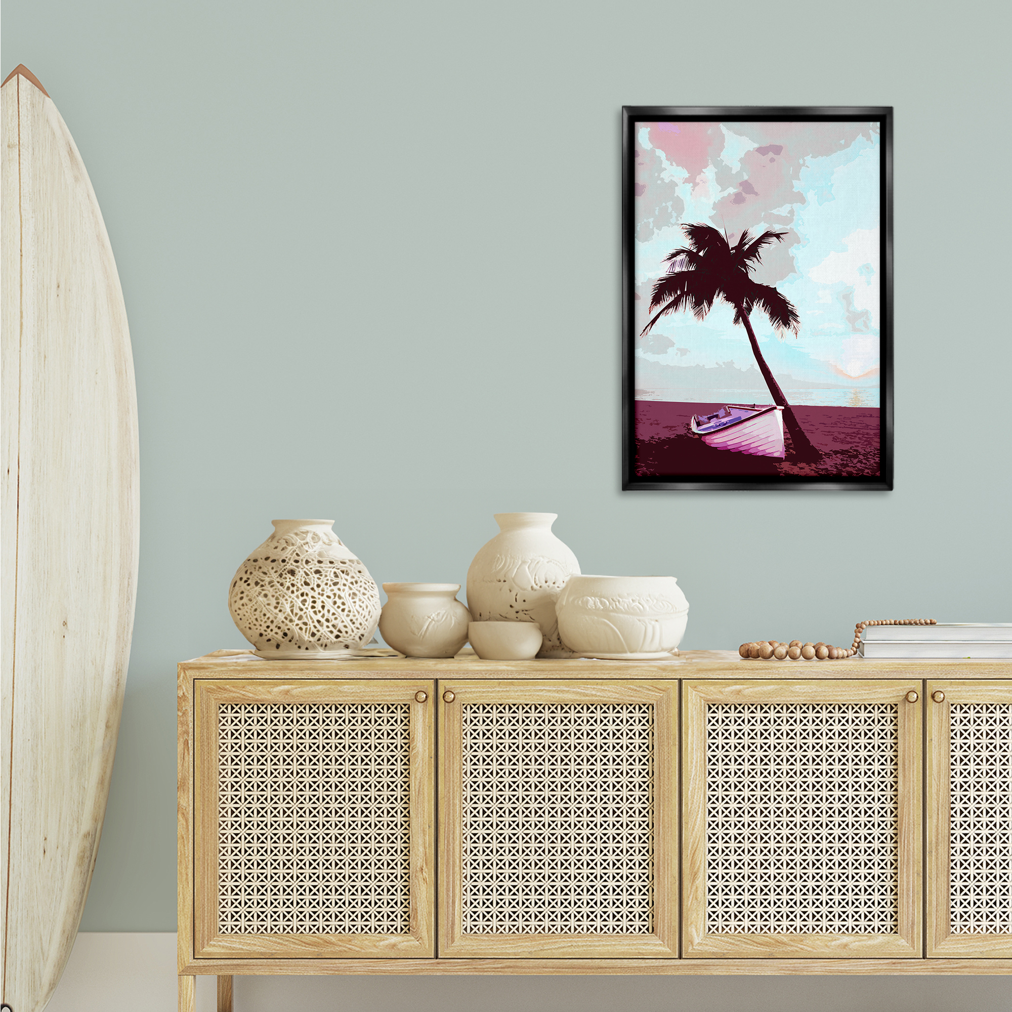 Stupell Industries Boat & Palm Tree Landscape Painting Black Floater Framed Canvas Art Print Wall Art, 21 x 31