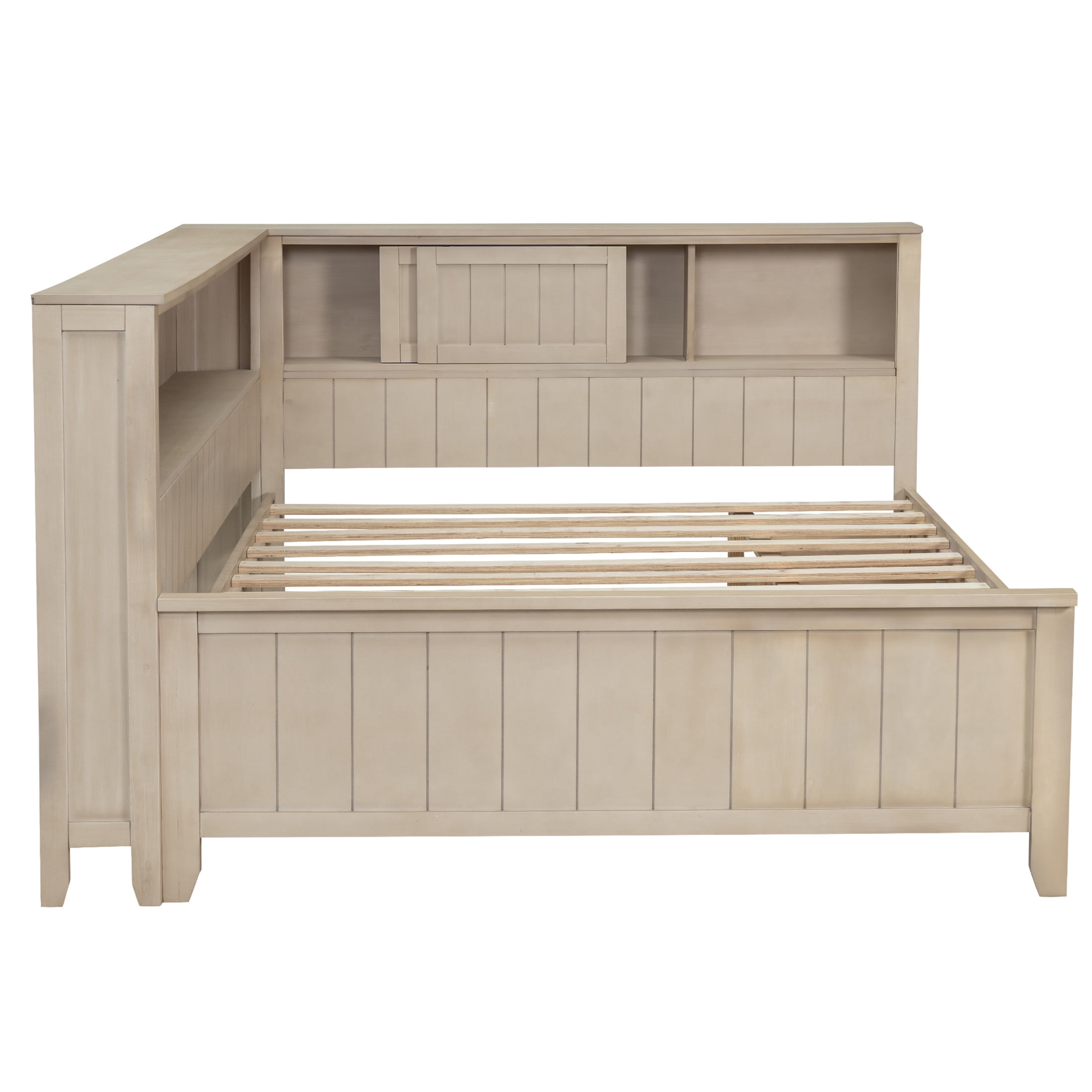 Noble House Full Daybed with Storage Drawers and Shelves, Wood Guest Bed Frame with Sliding Doors, Antique White