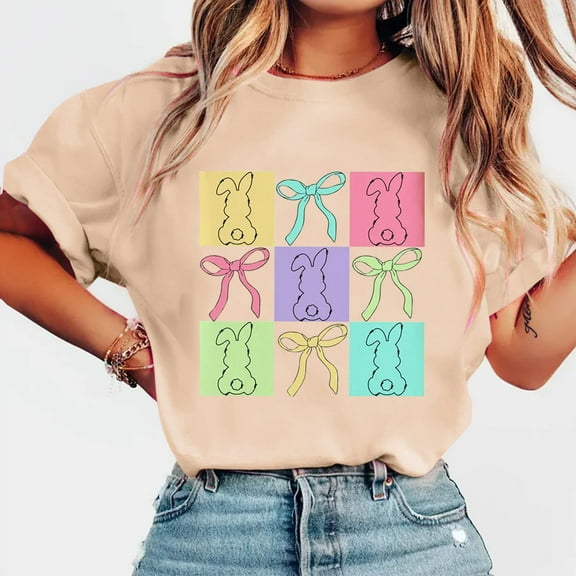 QUNYINEY Pullover Women's T-Shirts Easter Casual Short Sleeve Crew Neck Tops Loose Women Tops