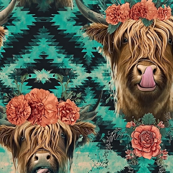 Peel and Stick Wallpaper Highland Cow Floral Crown Turquoise Wall Mural 23.6in x 9.8ft Self Adhesive Removable Wall Paper Renter Friendly Wallpaper for Nursery Bedroom Cabinets