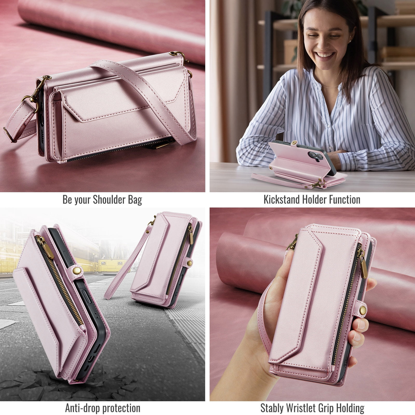 Compatible with iPhone 16 Plus 6.7 inch Zipper Wallet Phone Case Tempered Glass Screen Protector Crossbody Lanyard Strap Flip Card Holder Slot Cell Cover for i Phone16 16+ i16 16Plus Women Rose Gold
