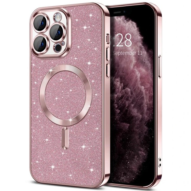 Electroplate With Lens Protector Phone Case For iPhone 15 14 11 12 13 Pro Max For Magsafe Wireless Charge Bumper Glitter Cover Pink For iphone14Pro