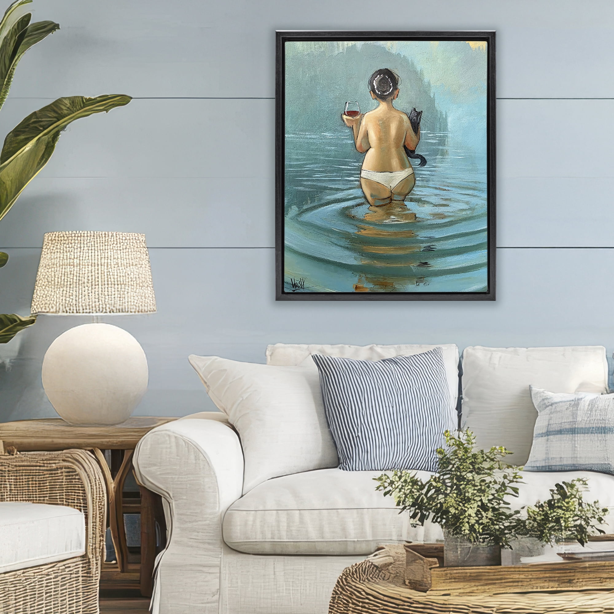 Stupell Industries Cat & Wine Dip At Twilight Black Framed Floater Canvas Wall Art, design by Ronald West