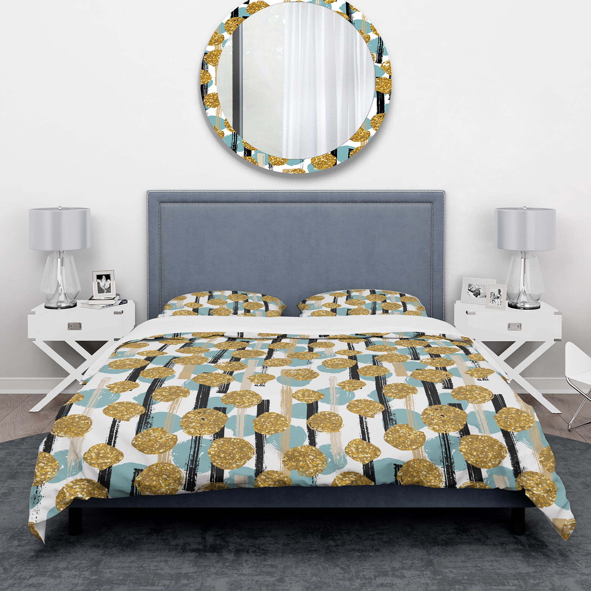 Designart 'Hand drawn Blue and Golden Glitter Circles' Modern & Contemporary Duvet Cover Set