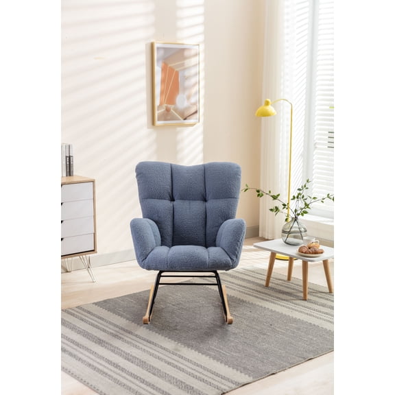 Xukmct Fabric Rocking Chair with Wood Base, Upholstered Accent Chair for Living Room, Bedroom, Office, Light Blue