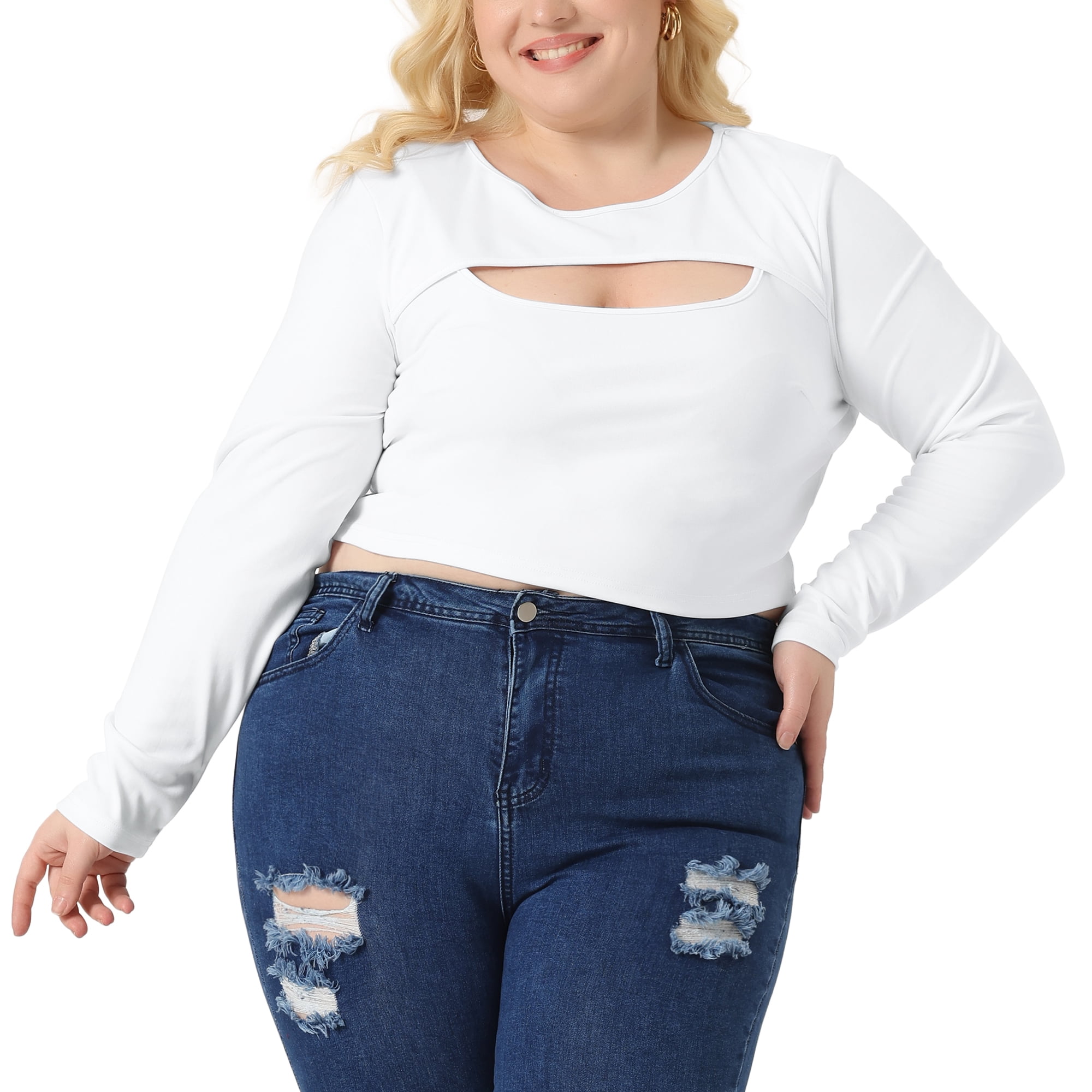 Unique Bargains Women Plus?Size Long Sleeve Round Neck Cut Out Front Fitted T-Shirts 4X White