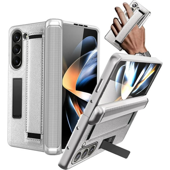 Compatible for Samsung Galaxy Z Fold 5 5G Case with Screen Protector,Hinge Protection Case with Magnetic Kickstand and Wrist Strap Wireless Charging Support for Samsung Galaxy Fold 5 Silvery