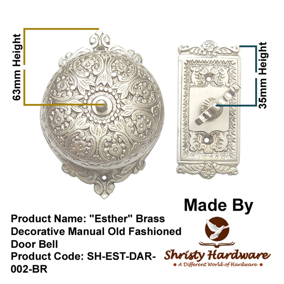 Shristy Hardware "Esther" Brass Manual Old Fashioned Door Bell – Vintage Twist Bell with Key Plate – Mechanical Doorbell for Home – (Pack of 1 Satin Nickel Finish) - PT-2