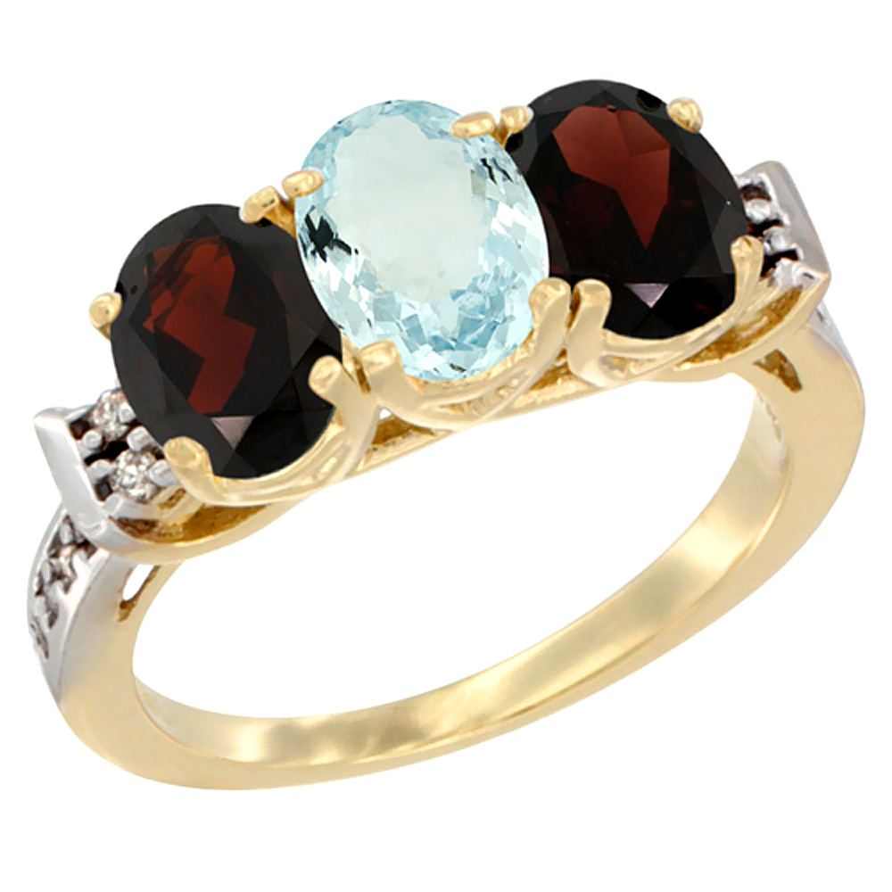 10K Yellow Gold Natural Aquamarine & Garnet Sides Ring 3-Stone Oval 7x5 mm Diamond Accent, sizes 5 10 by WorldJewels