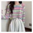 thumbnail image 4 of Lindo suéter de manga larga con cuello redondo dulce color retro raya casual suéter corto, 4 of 8