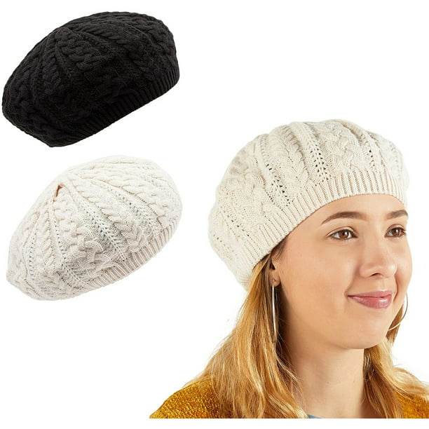 2 Pack Slouchy Beanies Knitted Berets for Women Winter Hat Headwear, Black & White