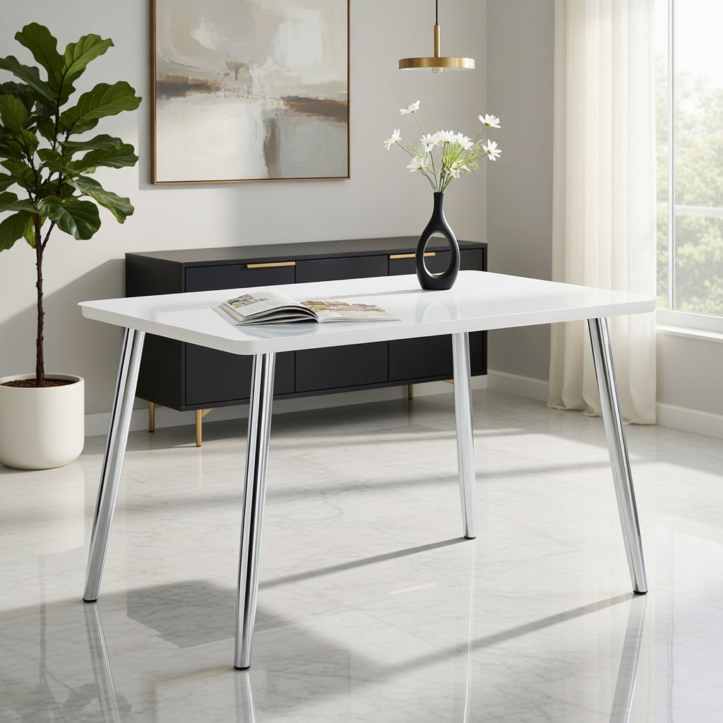 Hommoo Modern Rectangular Dining Table for 4-6 People, Tempered Glass & MDF Top with Imitation Marble Finish, Silver Tapered Metal Legs, Minimalist Design for Small Spaces, White & Sliver