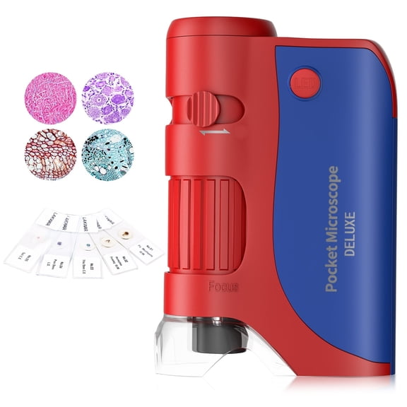 Kids Microscope Handheld Mini Microscope for Kids with LED , Lighted Portable Microscope Kits with 5 Pcs Slides Gift for Boys Girls Teen,Red