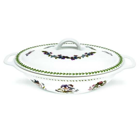 Portmeirion Botanic Garden 15" Oval Casserole Dish with Lid | Assorted Floral Motifs | Porcelain | Dishwasher, Microwave, Freezer, and Oven Safe | Made in England