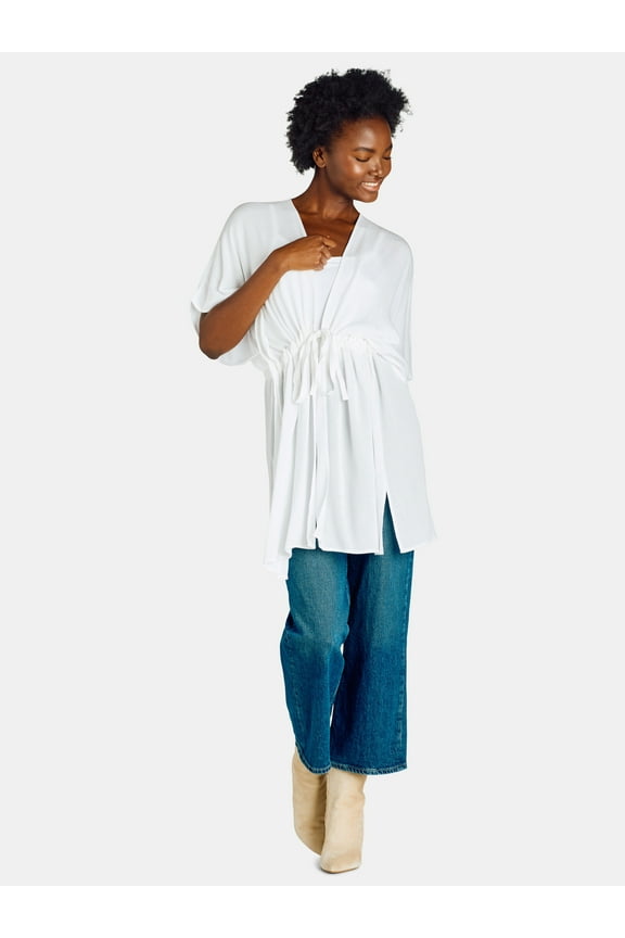 Women's Rayon Ruched Tie Front Solid, L/XL, Arctic White