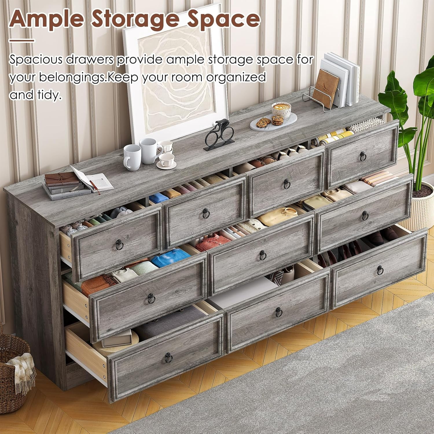 Frmobepts 10 Drawer Dresser for Bedroom, Dresser TV Stand, Chest of Drawers for Storage and Organization, Gray