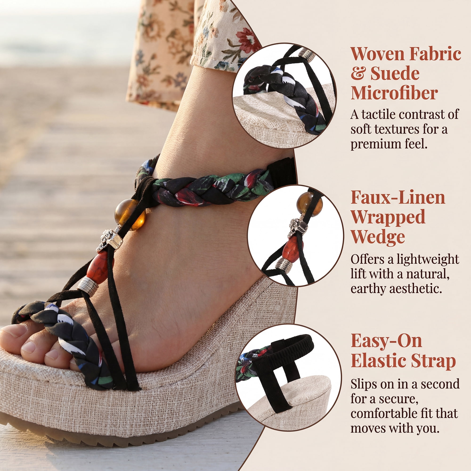 DARING DIVA Women's Stylish Bohemia Pull on Platform Wedge Heel Sandals Black-3 6.5