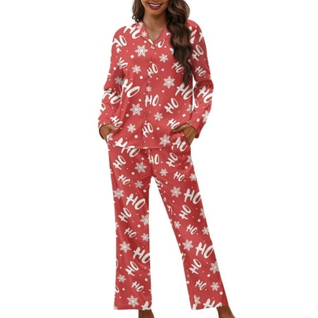 

Renewold 2 Pieces Button Down Red Pajamas for Christmas Gifts Snowflake HO-HO-HO Daily Wear Athletic Clothing Soft Loungewear Women Casual Warmth Winter Nightwear Size 4XL