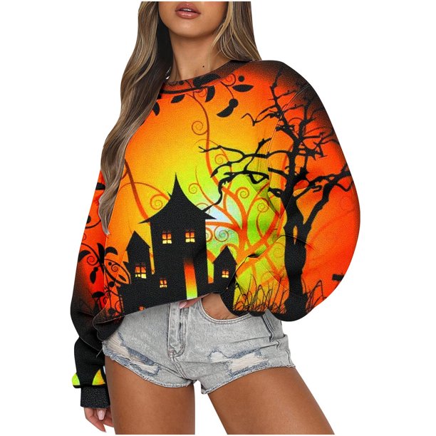 ICHUANYI Liquidación Halloween Mujer Cuello Redondo Impreso Suéter Suelto Manga Larga Sin Capucha Sudaderas ICHUANYI WER202308231665