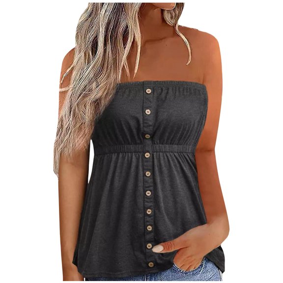 Pincandy Women's Bra Pleated Button Sleeveless Off Shoulder Tight Button Strapless Bandeau Tank Women Sleeveless Backless Tube Tops Pleated Summer Casual Holiday Tanks Shirt Blouse,Dark Gray,L