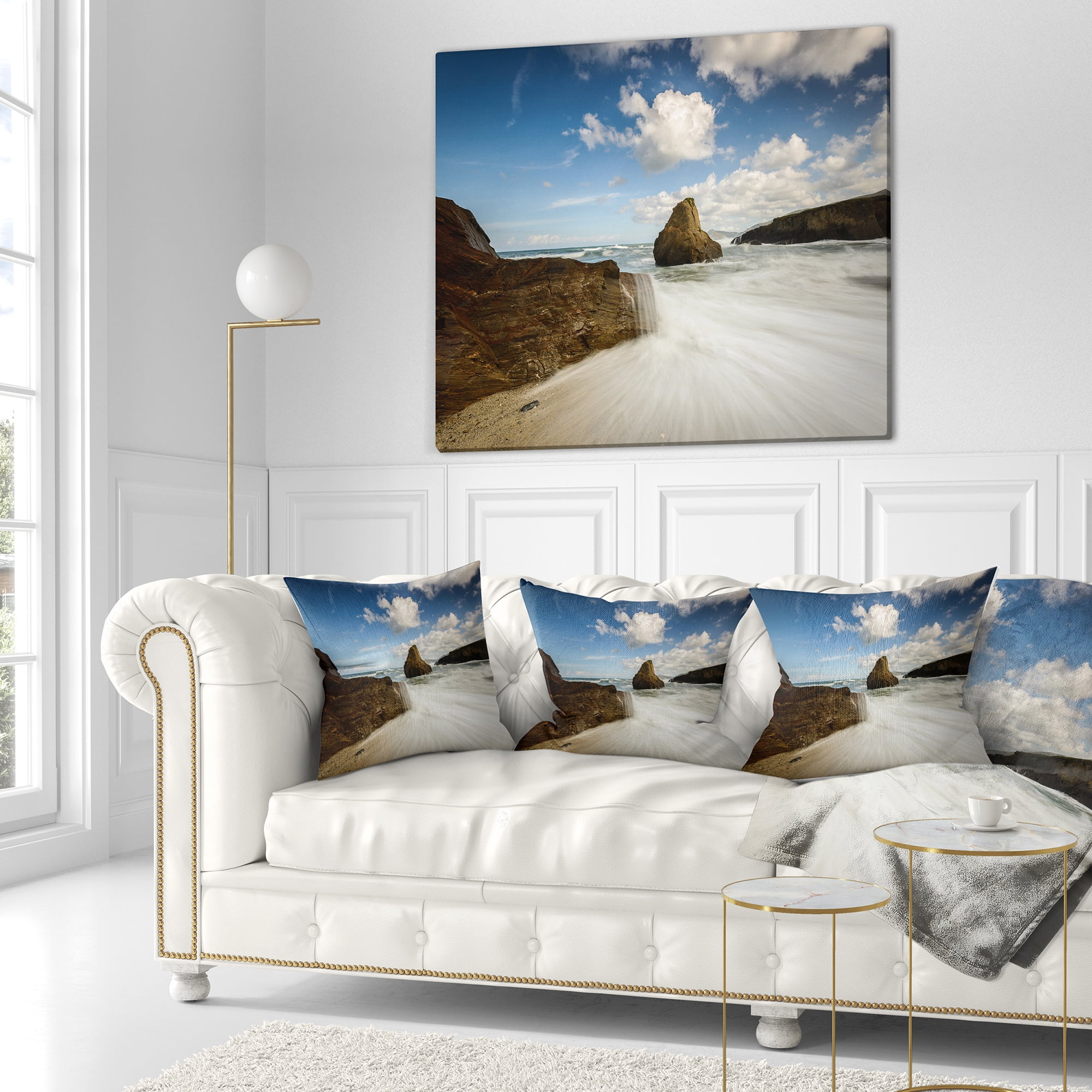 Designart Rushing Waters into Rocky Mountains - Seashore Photo Throw Pillow - 18x18