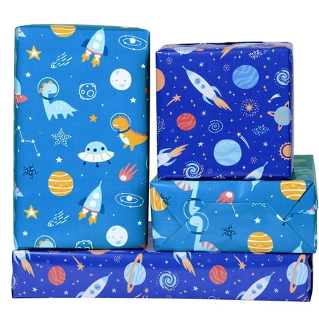 12 Sheets Outer PresNok Space Wrapping Paper for Boys - Rockets Satellites Planets Dinosaur Astronaut Galaxy Wrapping Paper - Outer Space Gift Wrap for Birthday,Baby Shower - 20"×28"