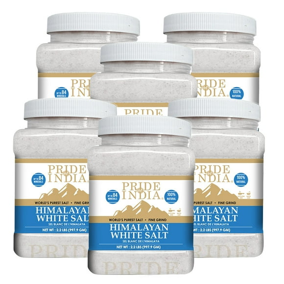 Pride of India - PACK of 6 - Himalayan White Salt Fine Grind 2.2 lbs (997.90 gm)- Rarest & Enriched W/84+ Natural Minerals- Low Sodium- Mineral Rich Nutrition and Enhanced Taste- Healthier Table Salt