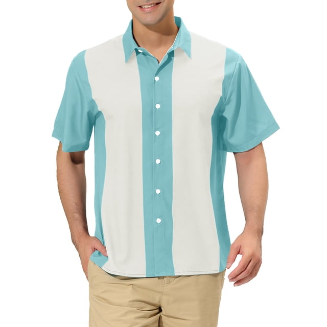 INSPIRE CHIC Men's Striped Button Down Short Sleeve Hawaiian Color Block Shirts S Light Blue White