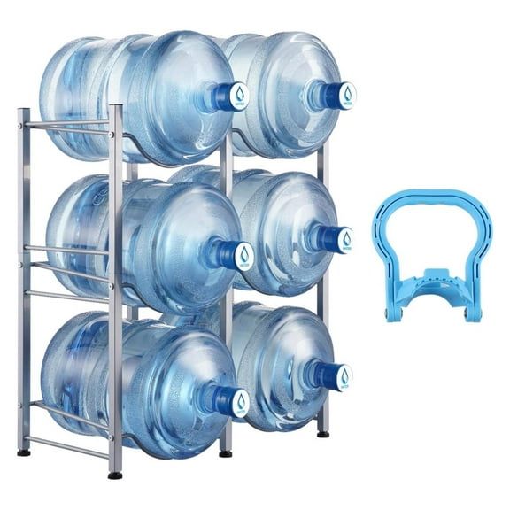 5 Gallon Water Jug Holder, 3 Tiers Double Row Heavy Duty Water Bottle Rack with 6 Slots, Detachable Water Jug Stand for Kitchen, Office, Living Room- Silver
